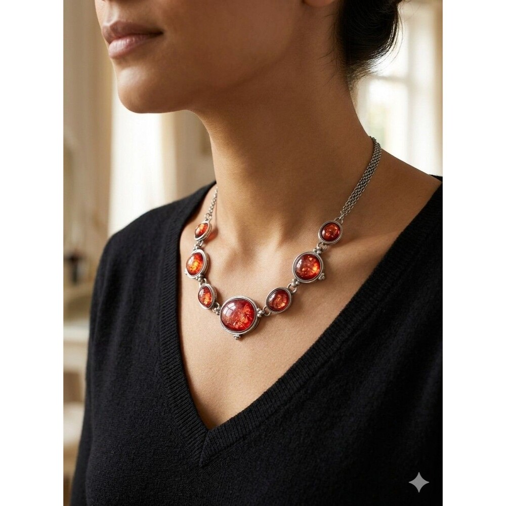 Vintage Art Deco Style Double Chain Bib Necklace, Faux Amber 18"